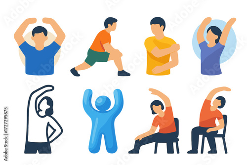 Stretch Break Icons. Basic Stretch Breaks set of icons in neo-flat style: person stretching arms, person stretching legs, simple arm stretch, stretch