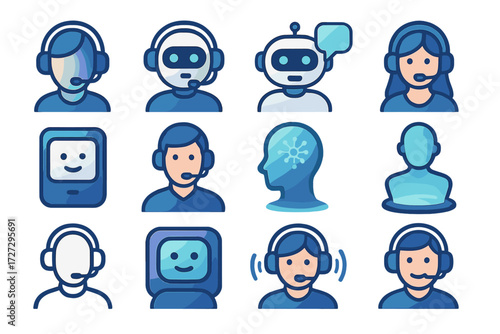 Virtual Agent Icons. Virtual Agent Variations set of icons in neo-flat style: headset with microphone, robot head with headset, chatbot with speech