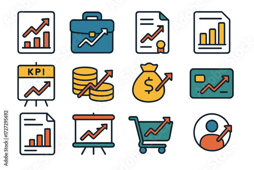 Business Forecast Icons. Business Forecast set of icons in neo-flat style: report with arrow, briefcase with trend line, contract with projection,