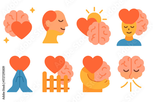 Mental wellness flat icon set. featuring brain, heart, mindfulness, meditation, and relaxation symbols