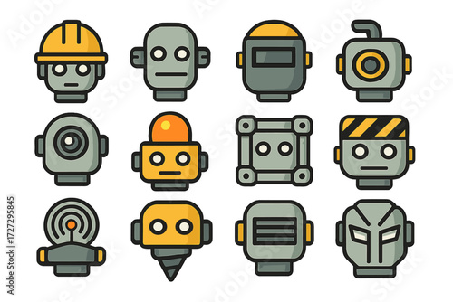 Industrial Robot Icons. Industrial Robot Heads set of icons in neo-flat style: robot head with helmet, robot head with bolts, robot head with welding