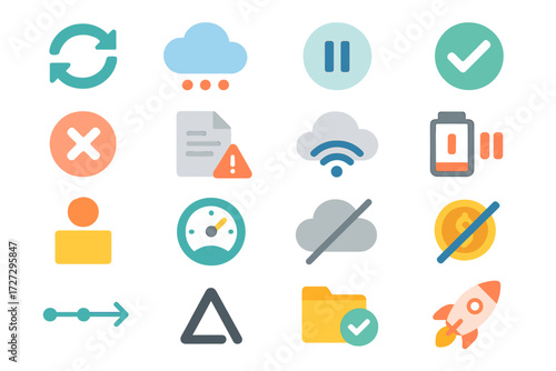 Sync Status Icons. Sync Status States set of icons in neo-flat style: syncing arrows, queued cloud, paused sync, completed check, failed cross,