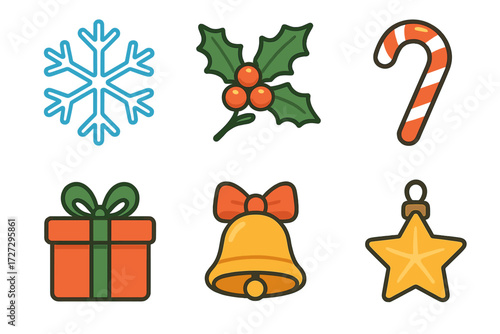 Festive Icon Set. Seasonal Symbols set of icons in neo-flat style: snowflake, holly branch, candy cane, gift box, jingle bell, star ornament.