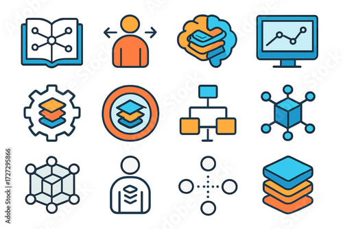 Neo-Flat Training Icons. Training Model Basics set of icons in neo-flat style: open book with nodes, human figure with arrows, brain with layers,