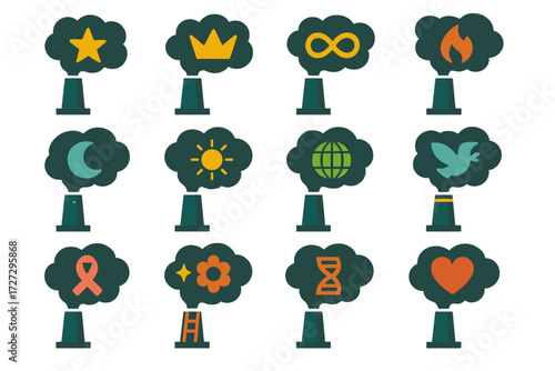 Symbolic Smokestack Icons. Symbolic Smokestacks set of icons in neo-flat style: smokestack with star, smokestack with crown, smokestack with infinity