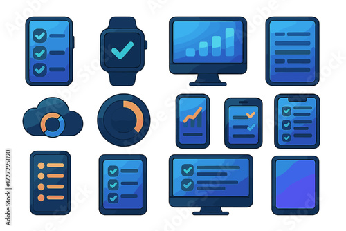 Digital Tracking Icons. Digital Goal Tracker set of icons in neo-flat style: mobile app with checkmarks, smartwatch tracker, online dashboard, digital