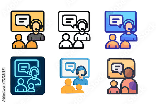 Neo-Flat Icon Set. Guided Session Styles set of icons in neo-flat style: flat guided session icon, outline guided session icon, bold guided session