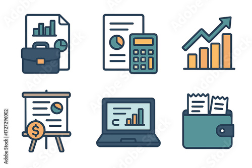 Business Expense Icons. Business Expense Reports set of icons in neo-flat style: report with briefcase, document with calculator, chart with upward
