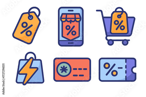 Shopping and discount flat icon set. featuring tag, mobile, cart, bag, card, and coupon symbols