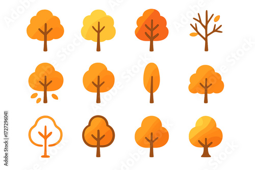 Autumn trees silhouette icon set. featuring oak, maple, birch, and pine symbols