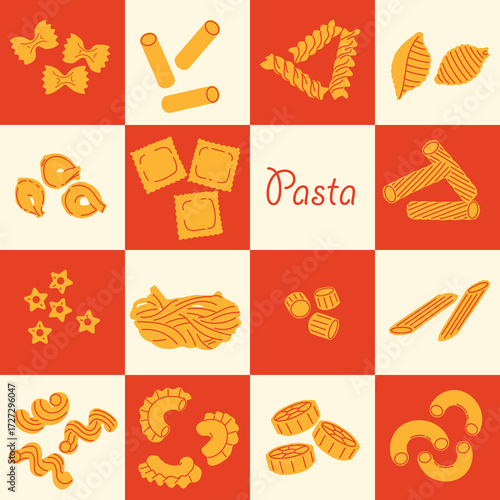 Traditional Italian homemade food in flat retro design. Different types of pasta on a checkerboard background. Hand drawn illustrations.