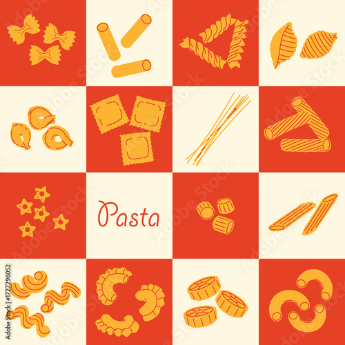 World pasta day poster. Traditional Italian food. Different types of pasta on a checkerboard background. Hand drawn flat modern illustrations.