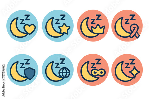 Symbolic Sleep Icons. Symbolic Sleep Mode set of icons in neo-flat style: sleep mode with heart, sleep mode with star, sleep mode with crown, sleep