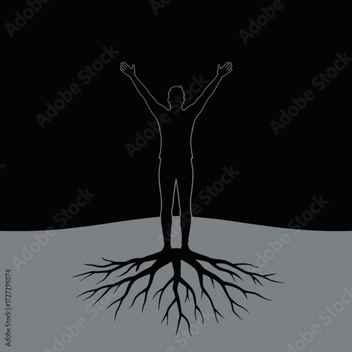 Silhouette of a figure with roots, symbolizing growth and connection, against a minimalistic night sky