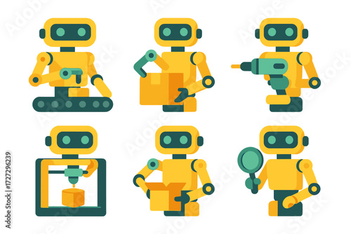 Neo-Flat Robot Icons. Manufacturing Robots set of icons in neo-flat style: robot with assembly line, robot with box, robot with drill, robot with 3D