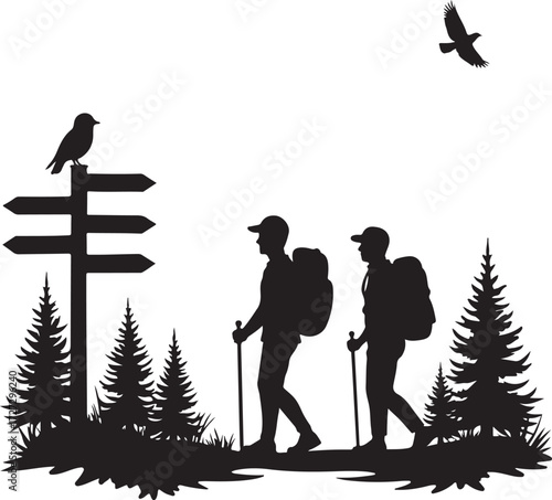 Two hikers with backpacks and walking sticks pass a signpost with a bird