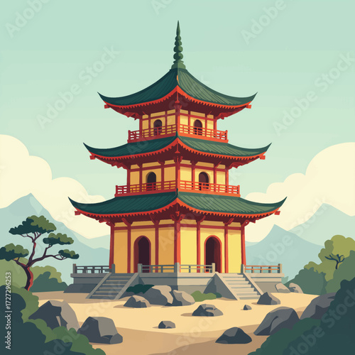 Traditional Chinese Pagoda in Serene Mountain Landscape