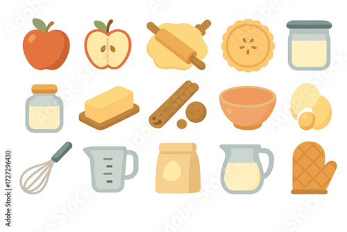 Baking essentials flat icon set. featuring apple, dough, cinnamon, butter, mixer, egg, and rolling pin symbols