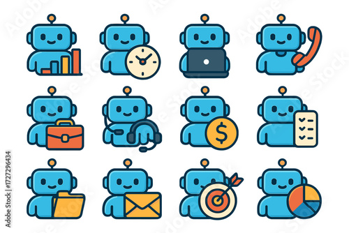 Business Chatbot Icons. Business Chatbots set of icons in neo-flat style: chatbot with graph, chatbot with clock, chatbot with laptop, chatbot with