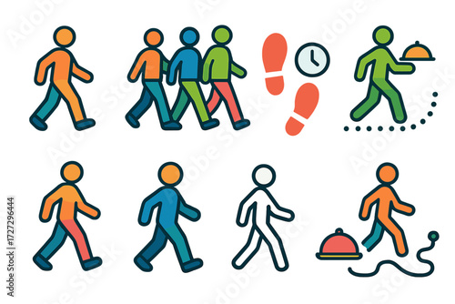 Walk Icons Set. Walk Variations set of icons in neo-flat style: single person walk, group walk at lunch, footsteps with clock, dotted lunch walk,