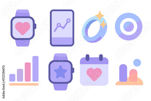 Wellness Icons Collection. Wellness Tracker set of icons in neo-flat style: smartwatch with heart, mobile app with wellness chart, wellness ring with