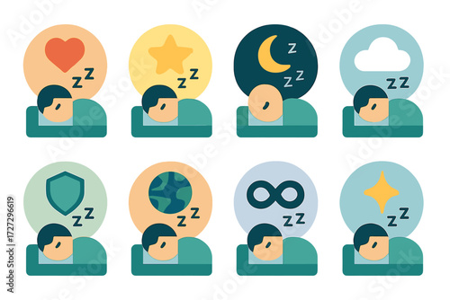 Symbolic Sleep Icons. Symbolic Sleep Routines set of icons in neo-flat style: sleep routine with heart, sleep routine with star, sleep routine with