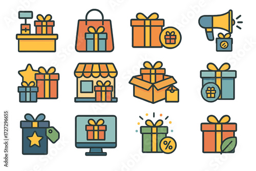 Shopping and gifts flat icon set. featuring bag, present, shop, megaphone, box, star, discount symbols