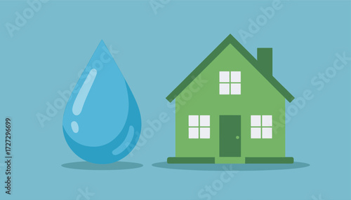 Waterdrop and Green House on Blue Sky