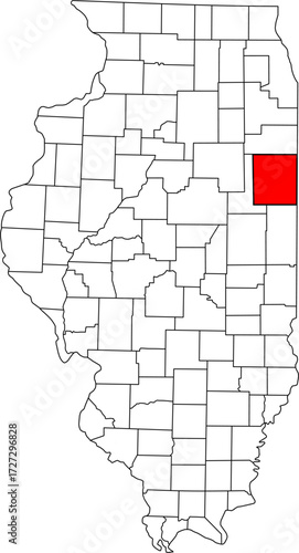 Detailed vector map of Illinois, USA, highlighting Iroquois County. Ideal for data visualization and Eastern Illinois border reports.


