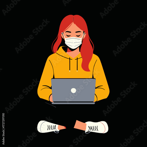 Woman in Yellow Hoodie Working on Laptop While Wearing Mask