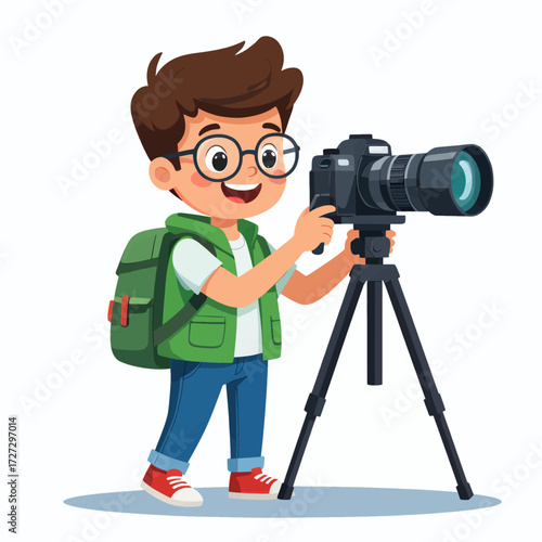 Young Photographer with Camera on Tripod