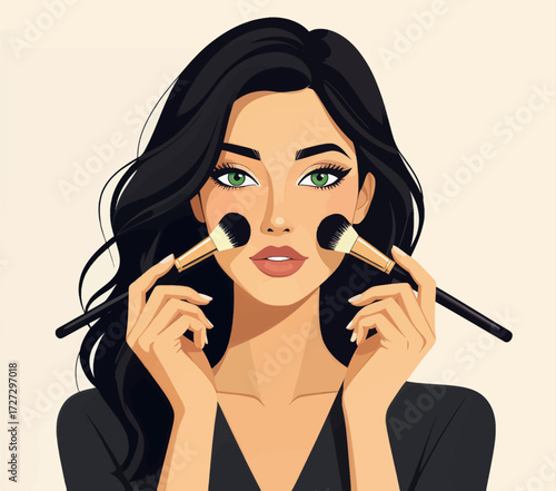 Woman Applying Makeup with Brushes in Modern Style
