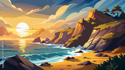 very beautiful A tranquil coastal scene with rocky cliffs, waves crashing against the shore, and the setting sun casting a golden glow over the landscape