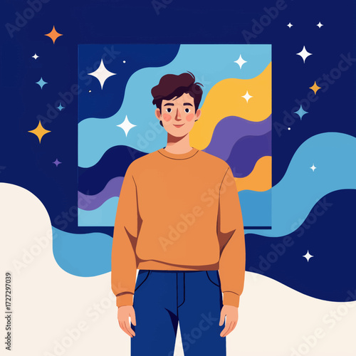 Young Man in Orange Sweater, Dreamy Night Sky with Stars and Abstract Art