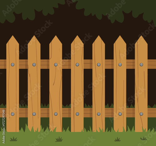 Wooden Fence in Lush Green Garden with Tall Grass and Dark Background