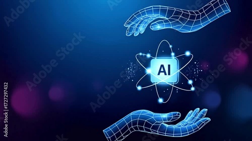 AI Chip and Atom Icon Held by Digital Hands – Low Poly Wireframe Design on Dark Blue Tech Background, Futuristic Abstract Circuit Motion Video for Innovation, Artificial Intelligence