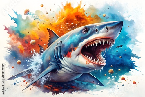 Watercolor painting of a great white shark emerging from a vibrant explosion of colorful smoke and water