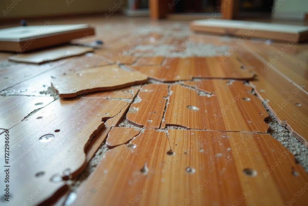 Naklejka premium Intricate Patterns of Scratched Laminate Flooring in a Dilapidated Home