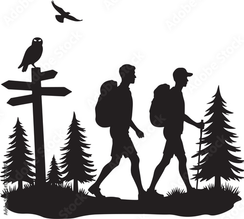 Two hikers with backpacks walking past a signpost with an owl