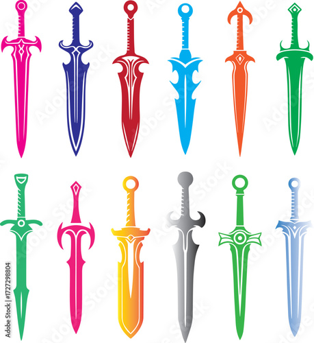 Abstract ancient weapons vector set featuring swords, spears, shields, axes, bows, and arrows in simplified flat style. Clean outlines and bold black shapes designed for easy tracing and