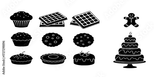 Traditional European and American dessert and popular cake black silhouette icons set on white. Vector stencil clipart, minimalist bakery sign or logo design