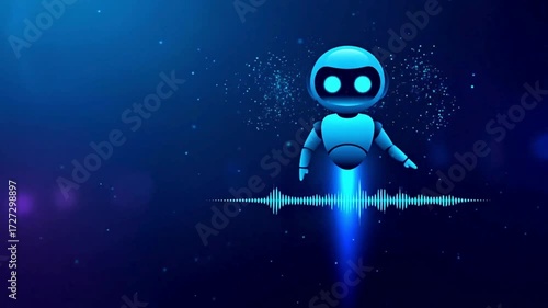 AI Robot Hologram Launch Over Neon Sound Wave, Abstract Wireframe Voice Assistant Animation on Blue Tech Background, Futuristic Digital Motion Video for Smart Audio, Virtual Agents, and Innovation