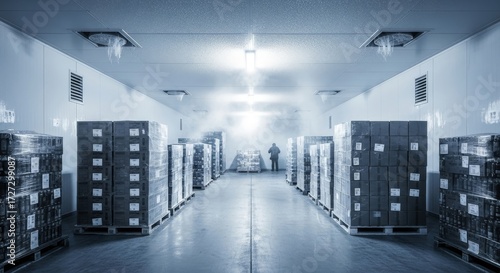 Warehouse worker checking cold storage boxes in a frozen food facility