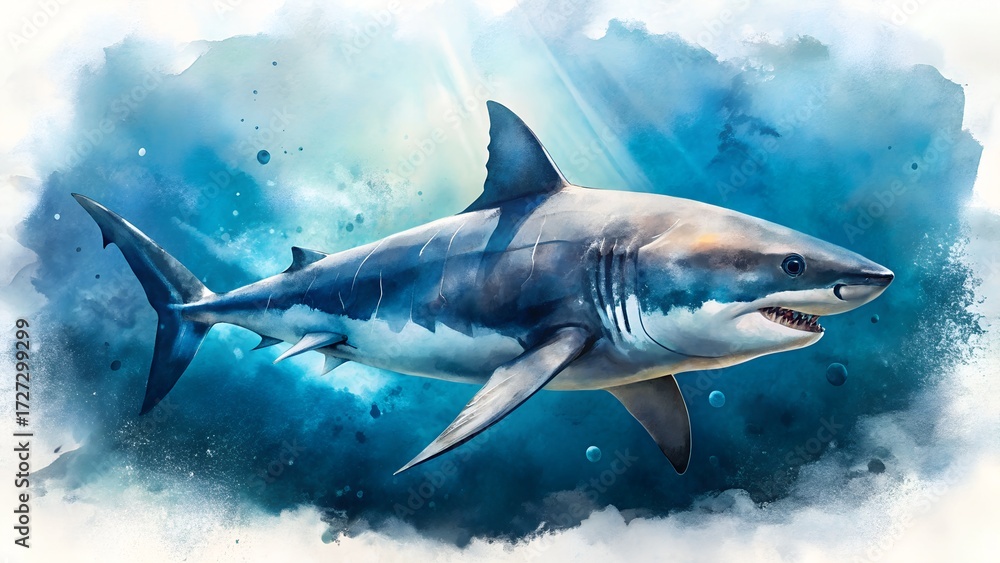 Obraz premium A captivating great white shark swims gracefully in the blue ocean, a powerful predator of the sea