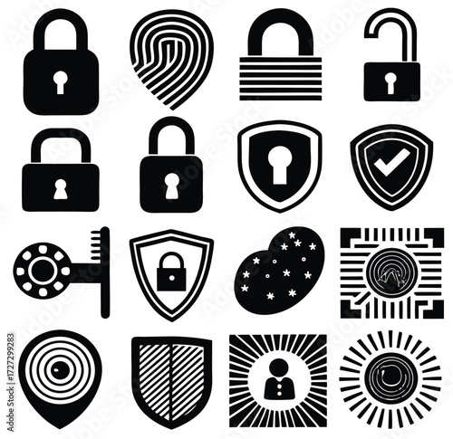 Collection of security icons including locks shields fingerprint and data chip representing cybersecurity protection and safety
