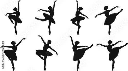 Ballerina silhouettes in classical ballet poses with tutus, elegant stage performance, graceful choreography, expressive dance art, artistic movement illustration set