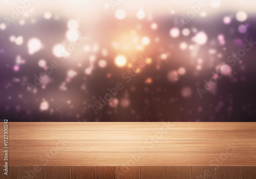 Empty wooden table top with blurred glowing bokeh lights background. Perfect for product display, presentation mockup, festive decoration, or advertisement design. 