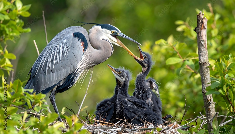 Fototapeta premium Great blue heron feeding its young in a nest amidst lush green foliage
