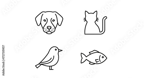 Adorable minimalist pet icons featuring a playful dog, a curious cat, a cheerful bird, and a cute fish, perfect for pet stores, vets, and animal lovers