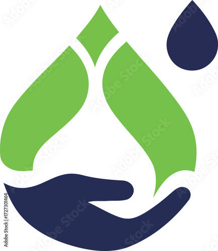 Green leaf and hands in a drop shape symbolizing eco-friendly water conservation and environmental protection, vector illustration on a transparent background